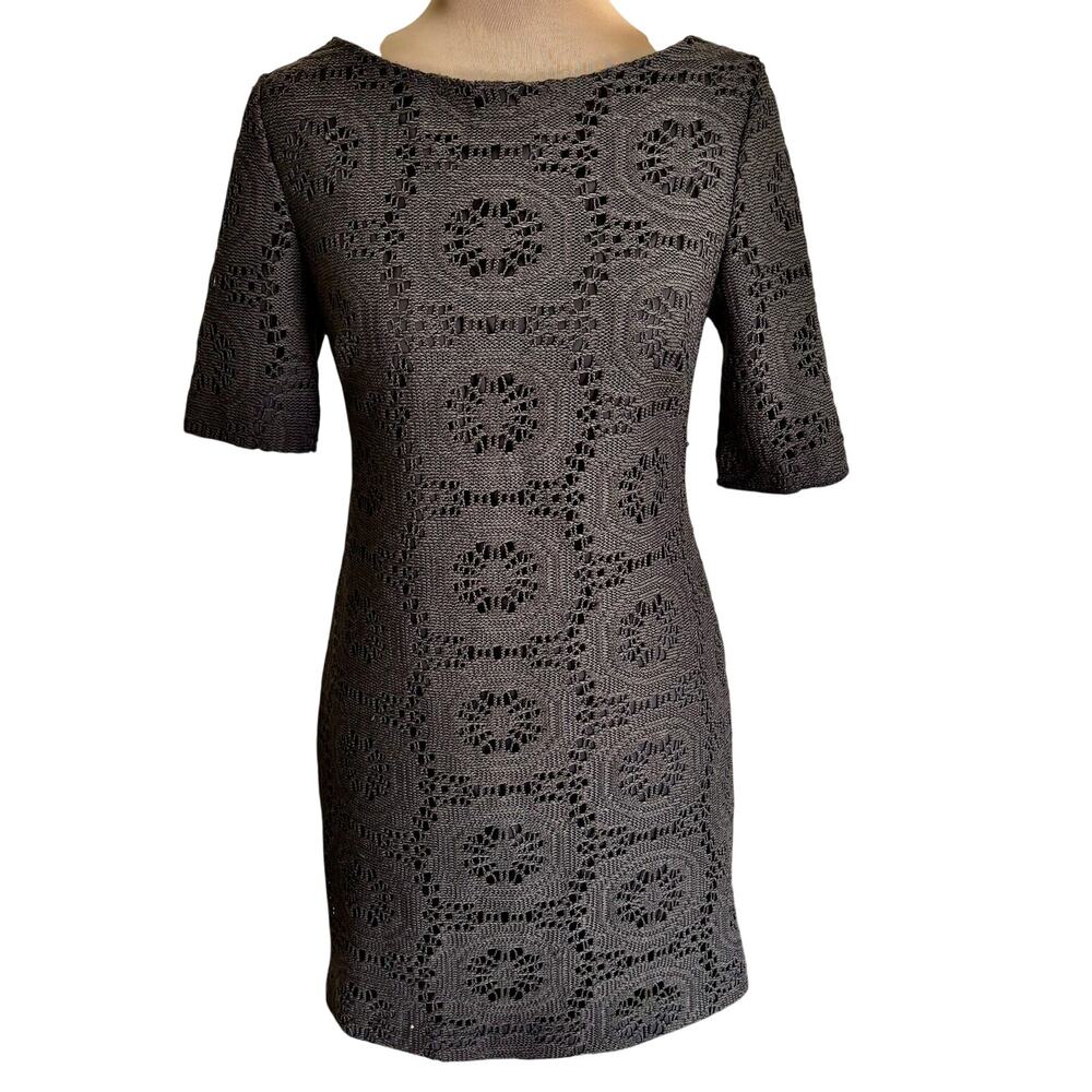 Adrianna Papell Crocheted Medallion Lace Sheath Dress Olive Green Boho Retro
